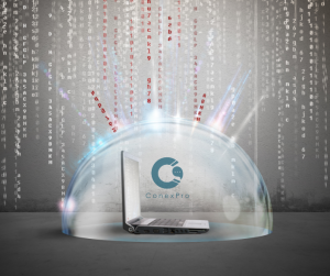 Laptop protected by digital shield blocking incoming cyber threats.