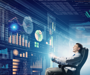 Business professional viewing digital dashboards with growth charts and graphs